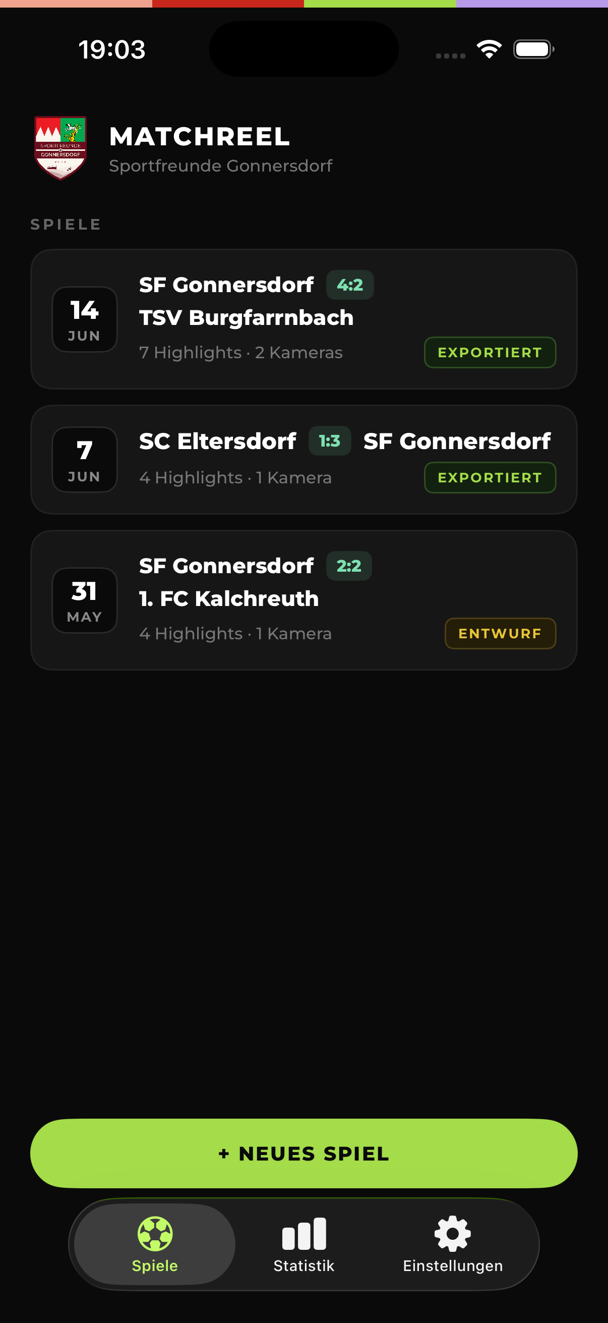 Spiele-Liste mit exportierten Reels