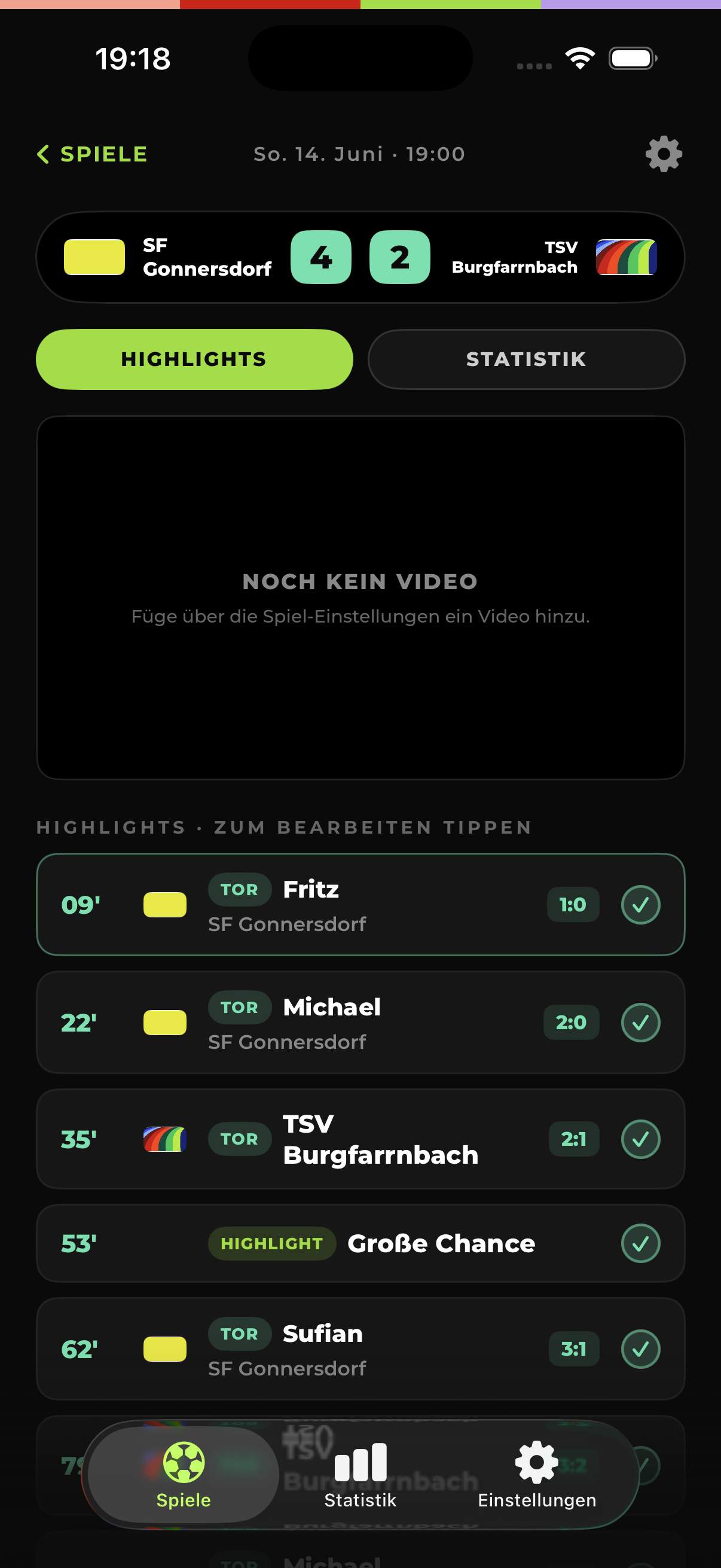 Match-Detail mit Spielstand-Leiste und Highlights