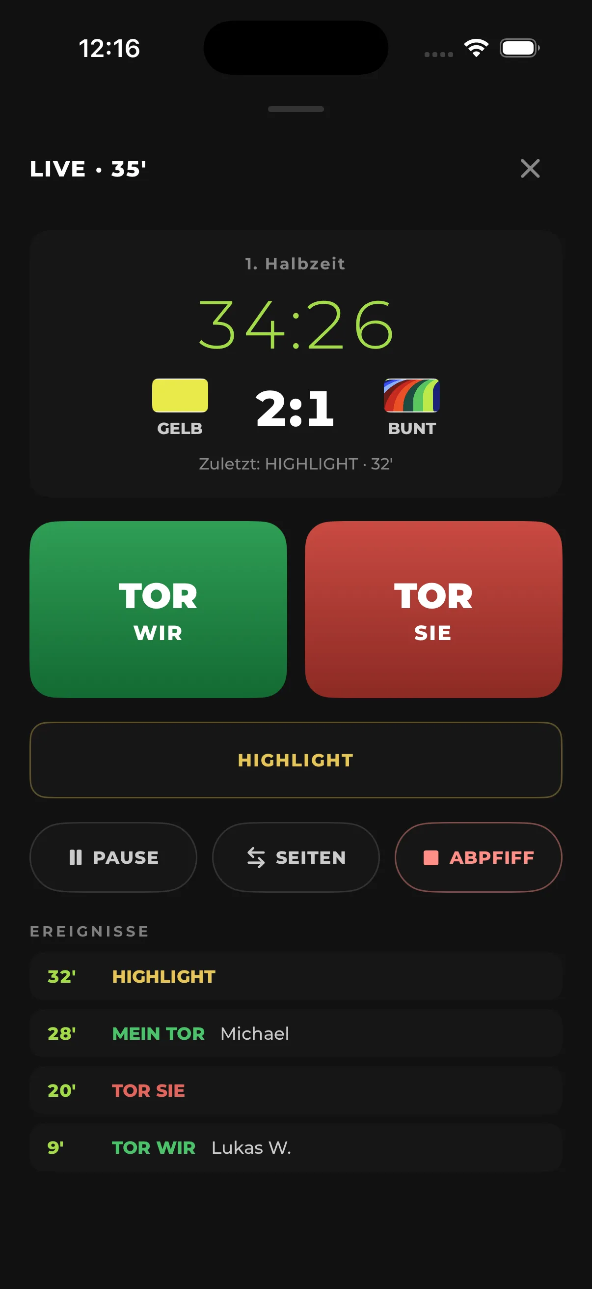 Live-Erfassung am iPhone: Timer, Spielstand und Ereignisliste
